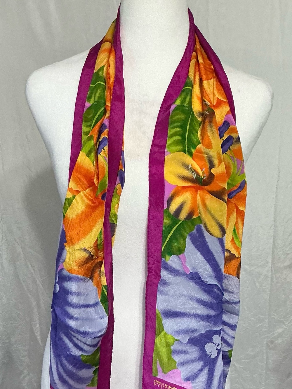 Oscar de la Renta Purple, Orange, Green Floral Silk Scarf